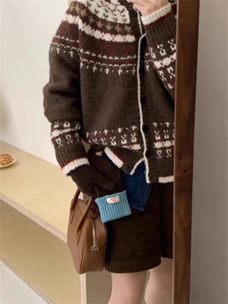 Женский ретро японский жаккардовый свитер с капюшоном - однобортный, свободный, ленивый стиль, вязаный кардиган на осень/зиму