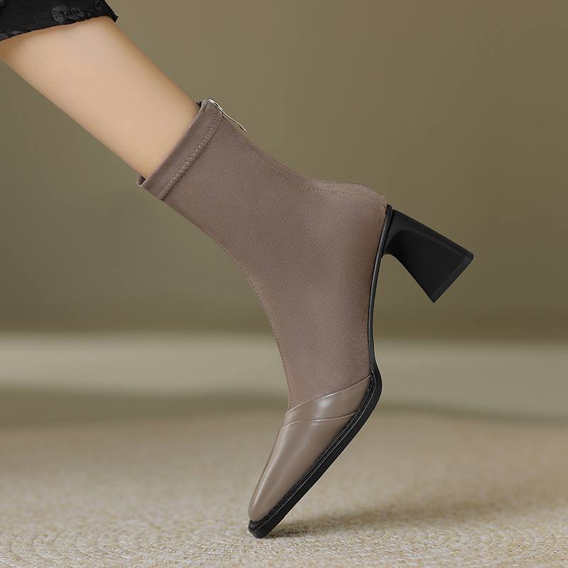 Krazing Pot Зимние эластичные ботинки из флоковой коровьей кожи с квадратным носком на толстом высоком каблуке и молнии, женские однотонные ботильоны