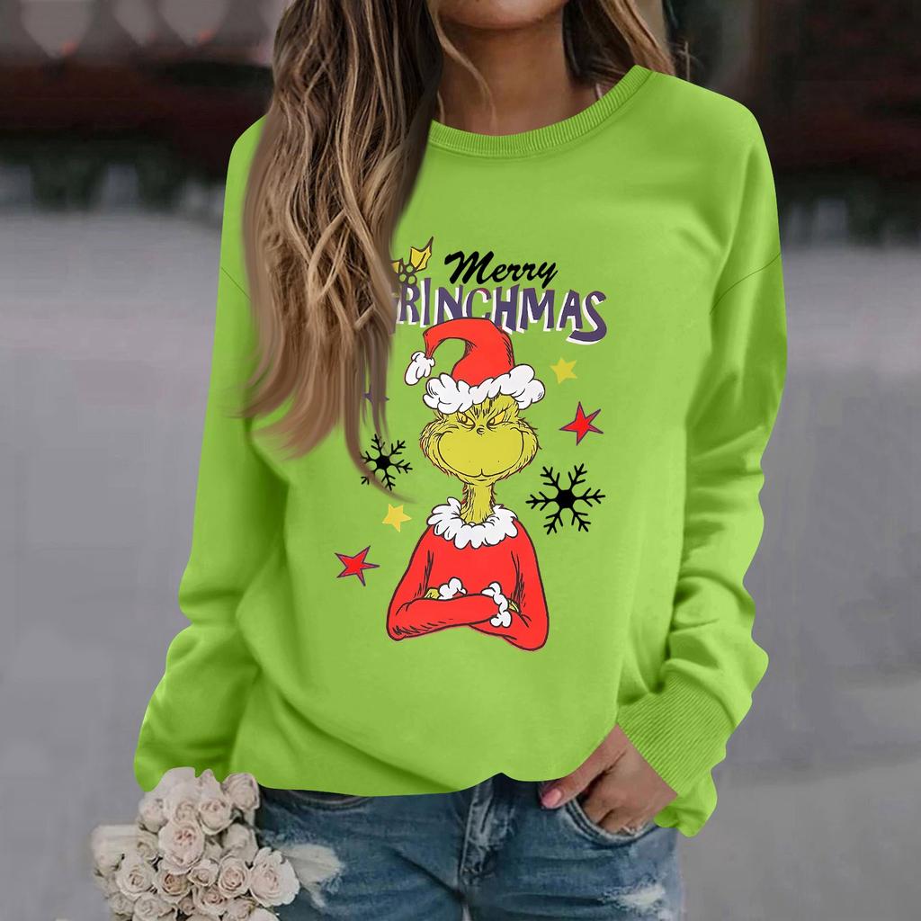 Women's Fashion Casual Long Sleeve Solid Color Christmas Printed Round Neck Top Sweatshirt