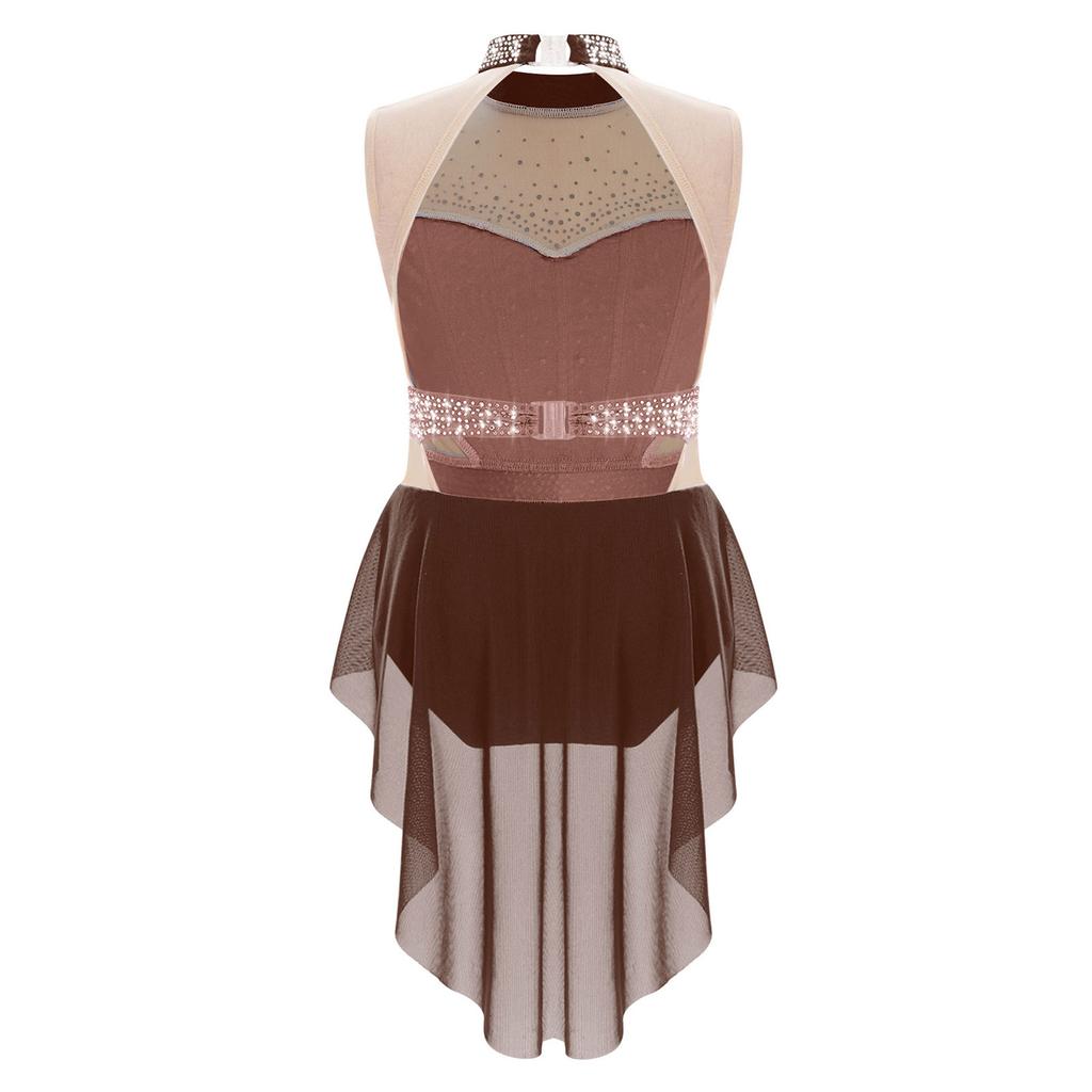 Девочки Спортивный купальник с высоким воротом, без рукавов, со стразами, цветной блок, сетчатая юбка