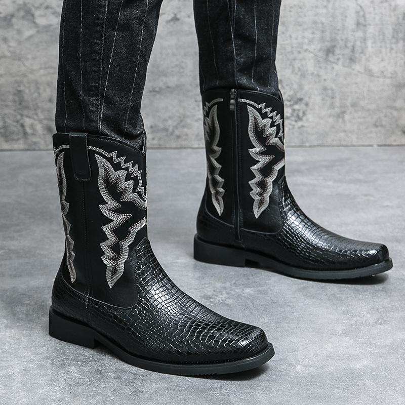 Fashion Western Style Cowboy Long Boots Men's Leather Boots High Top Boots Male Classic Riding Boots Motorcycle Boots Outdoor Boot Black