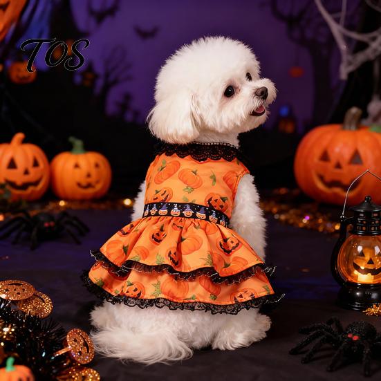 Soft Dog Clothing Halloween Pumpkin Dress, Black Lace Neck Outfit, Ruffled Festive Costume Autumn Pet Party for Small Dogs Holiday Dress