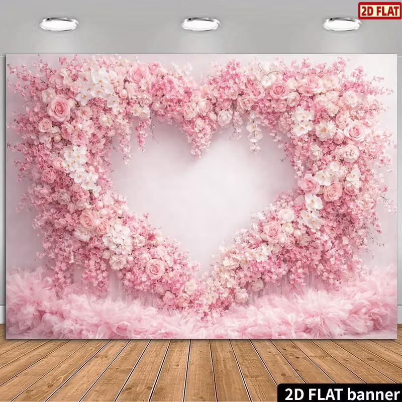 2D Printed Backdrop with Pink Rose Heart Arch, White Flowers and Feathery Trim