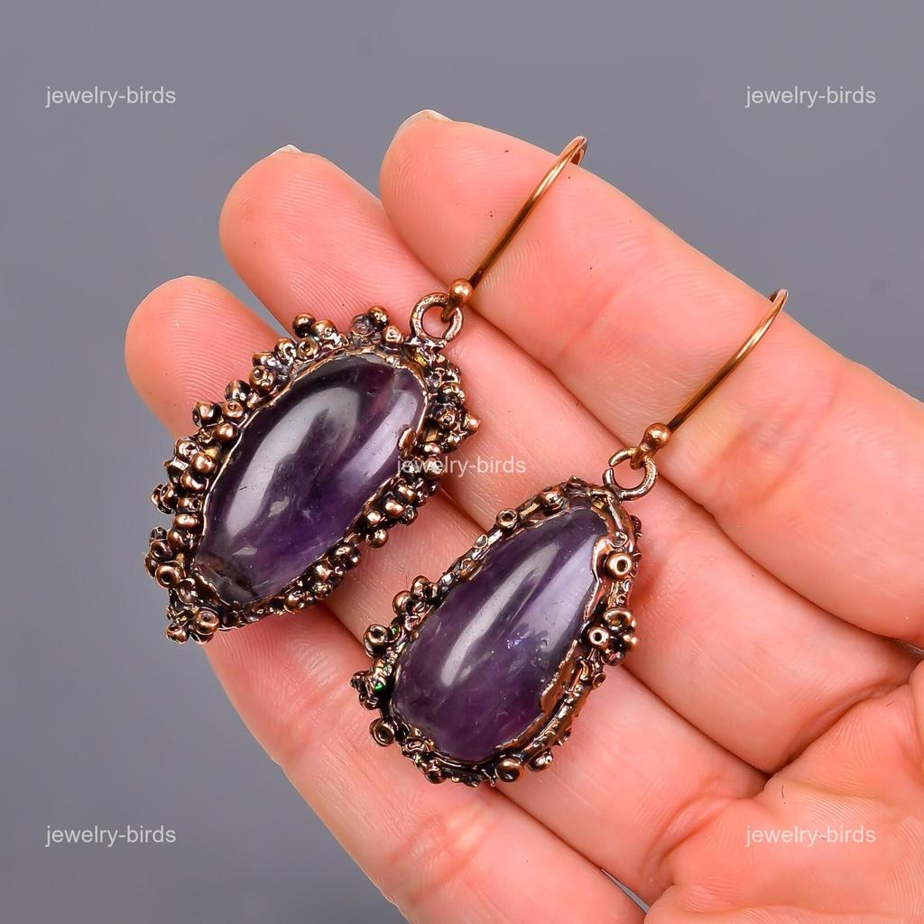 Аметистовый Камень Крючок Бохо Подвески Серьги Электроформованные Медь V-111