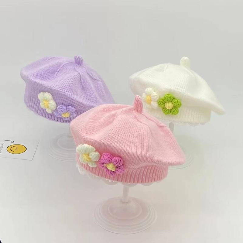 Цветочная детская шапка-берет, зимняя теплая вязаная шапочка для маленьких девочек, корейская принцесса, художник, однотонные шапки для художников