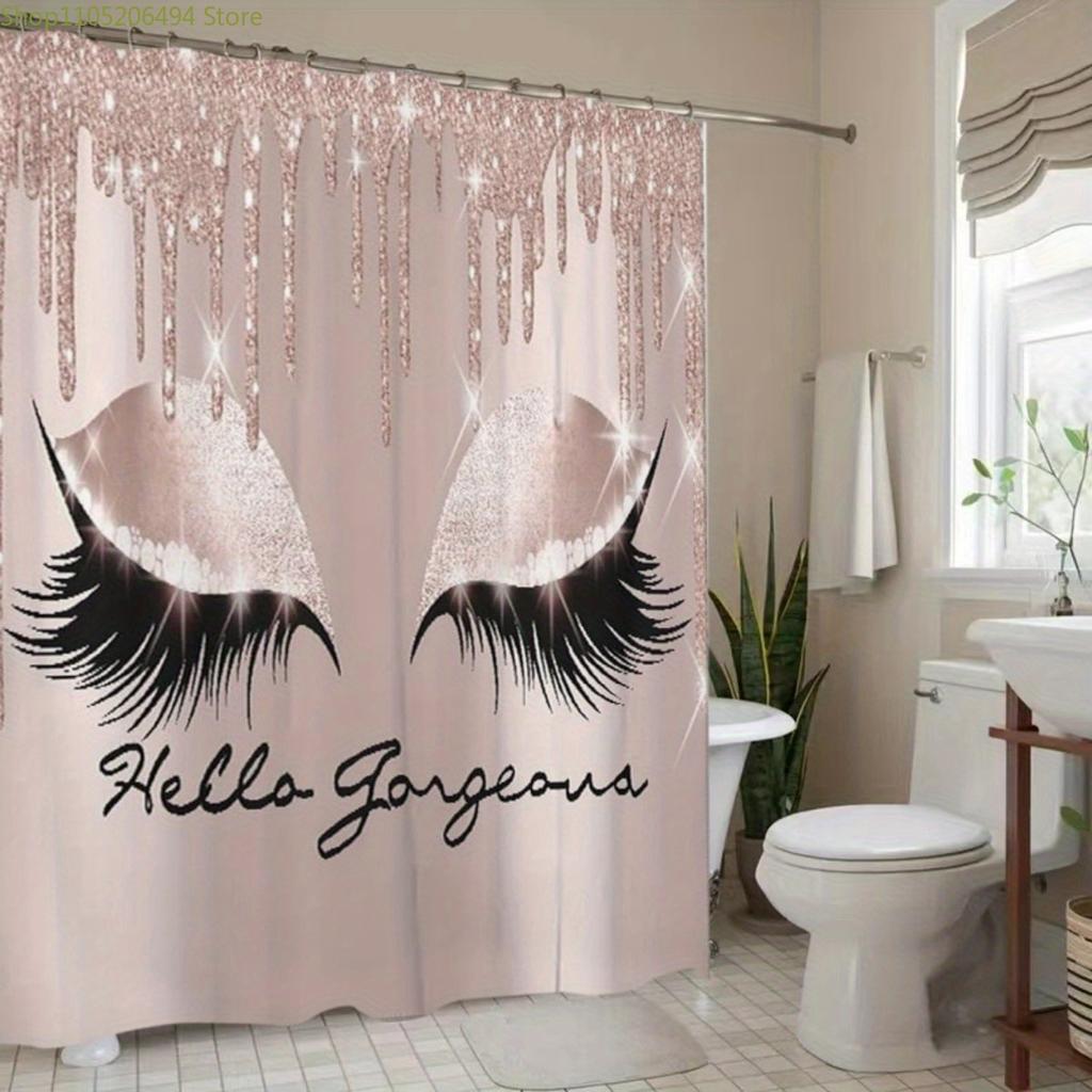 Элегантная шторка для душа с принтом ресниц и блестками "Hello Gorgeous" - Высококачественный полиэстер, Установка без сверления, Машинная стирка