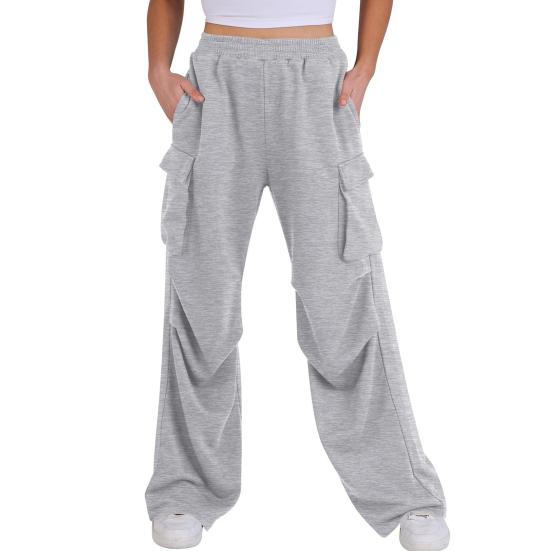 Women Cargo Pants Elastic Waist Mid-rise Straight Wide Leg Sweatpants with Multi Pockets Solid Color Casual Jogging Pants Loose Lounge Pants