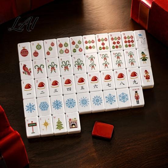 Portable Mahjong Tiles 160Pcs Christmas American Set 4 Layer Engraved Acrylic Kit Mah Jongg Tabletop Game for Family Night Travel Friendly