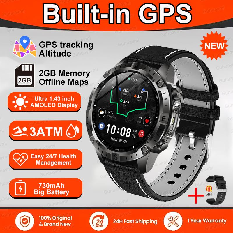 Умные часы Мужские GPS-трек Высококлассные часы Водонепроницаемые для плавания Умные часы Шестиосевой датчик Спортивные умные часы 2 ГБ памяти GPS-карта