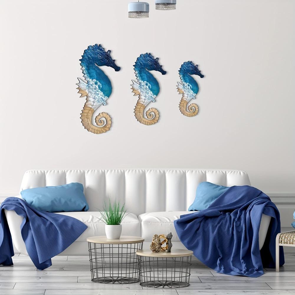 3pcs Wooden Seahorse Signs Pendant Hand Carved Ocean Animal Decoration For Living Room Bedroom Home