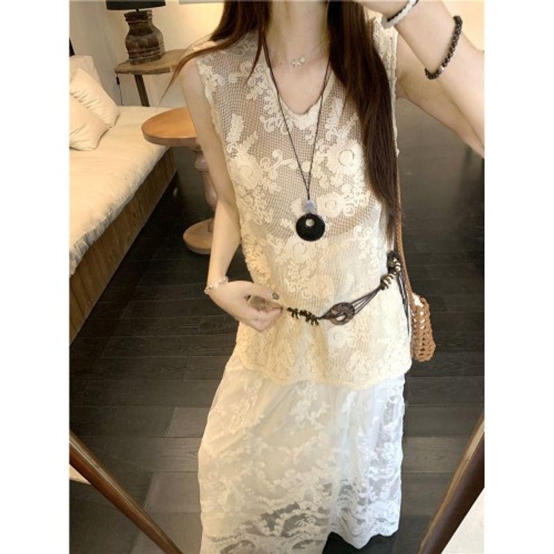 Kumikumi Retro Set Heavy Industry Crochet Vest Tops Women Autumn Lace Skirt A- Line Skirt Two-piece Set