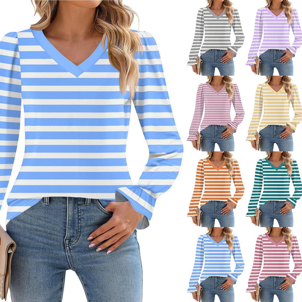 Women's Daily Casual Long-sleeved Striped Printed V-neck Top