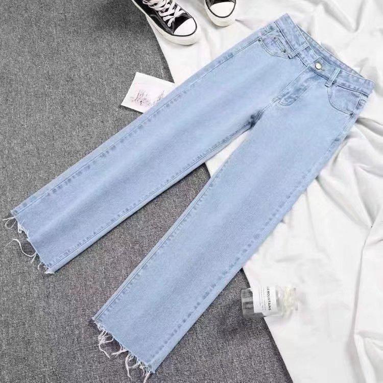 High-Waist Raw-Edge Straight-Leg Jeans for Women - Slim Fit, Loose, Korean Style 2022 Spring Collection