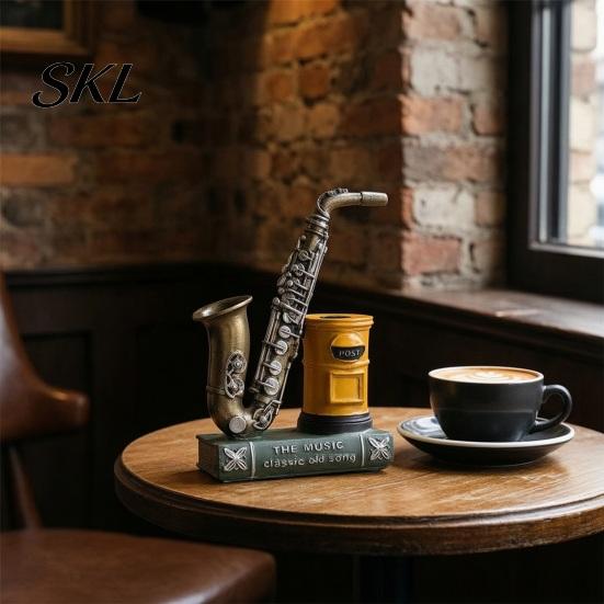 Retro Desk Decor Vintage Saxophone & Violin Pen Holder, Resin Musical Instrument Organizer, Weighted Artistic Organizer Base Pencil Stand for