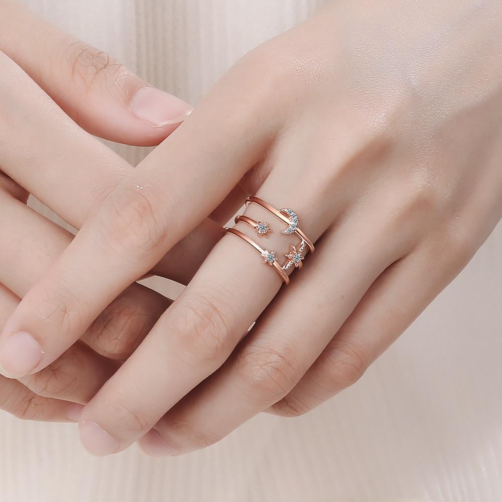 100 %Real Pure 925 Sterling Silver Crystal Moon Star Double Layer Rings For Women Ladies Statement Jewelry Wedding Finger Ring