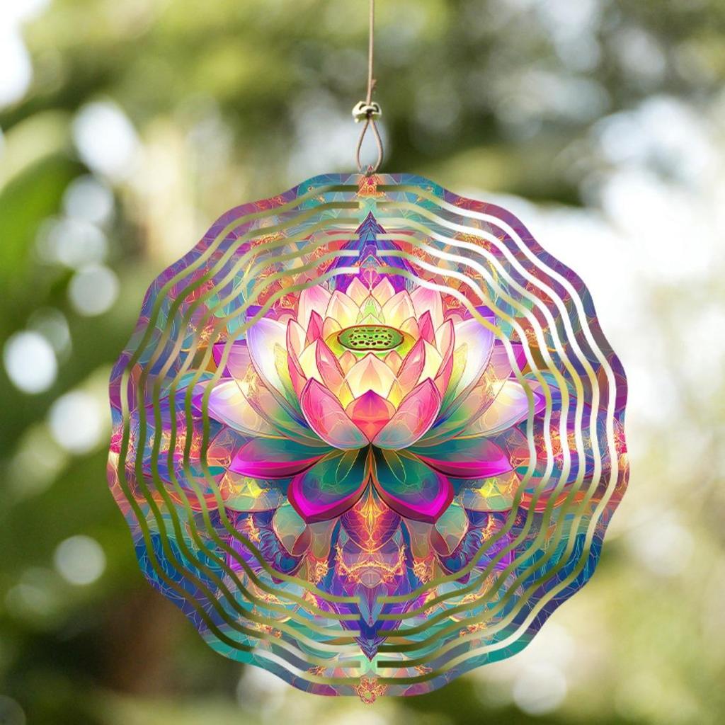 10-Inch Bohemian Style Metal Mandala Flower Wind Chime - Vibrant Double-Sided Print, Battery-Free with Hook, Ideal for Garden & Patio Decor