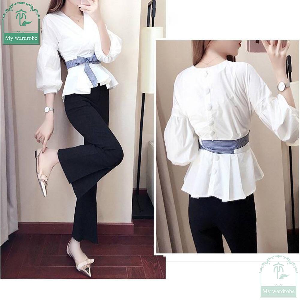 Blouse Shirt Women Fashion Bow V-neck Striped Elegant Ladies Tops Female Clothing