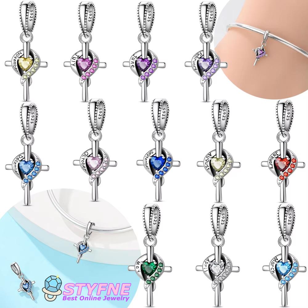 Women Pendant Original Red Zircon Birthstone Blue Gemstone Heart Cross Bead Fit Bracelet Copper Jewelry Accessory Charm Gift