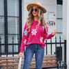 Autumn and Winter Women's Sweater Flower Colour Blocking Crew Neck Knitwear