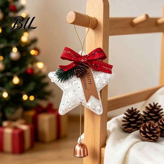 Decorative Star for Home Glitter Bell Ornaments, Sequin Hanging Decoration with Bow Pine Decor Bows Cone, Sparkly Christmas Tree Pendant Holiday Party