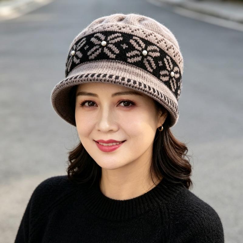 Middle-aged and elderly hats women's autumn and winter fashion warm mother ear protector basin hat fleece bucket hat cold-proof knitted wool hat