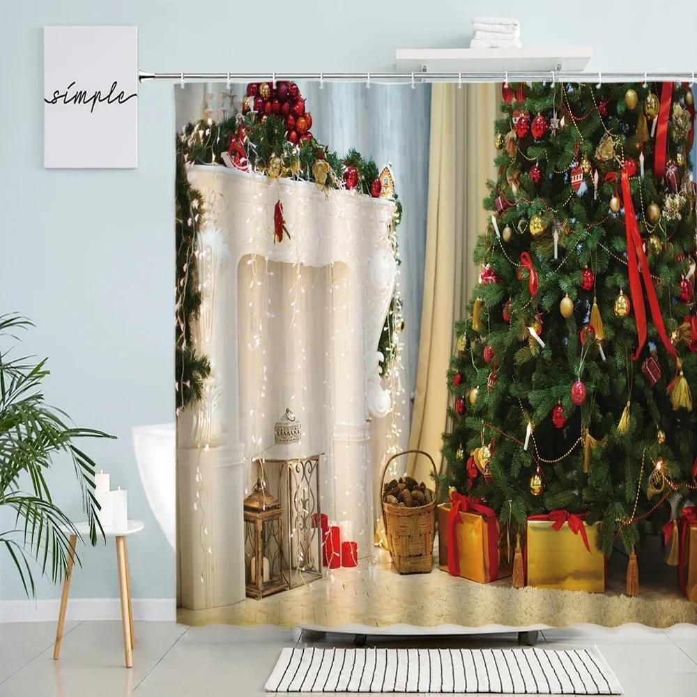 GAEMerry Christmas Шторка для душа Рождественская елка Камин Праздничные подарки Интерьер Старый декор Ванная комната Водонепроницаемые шторы с крючками
