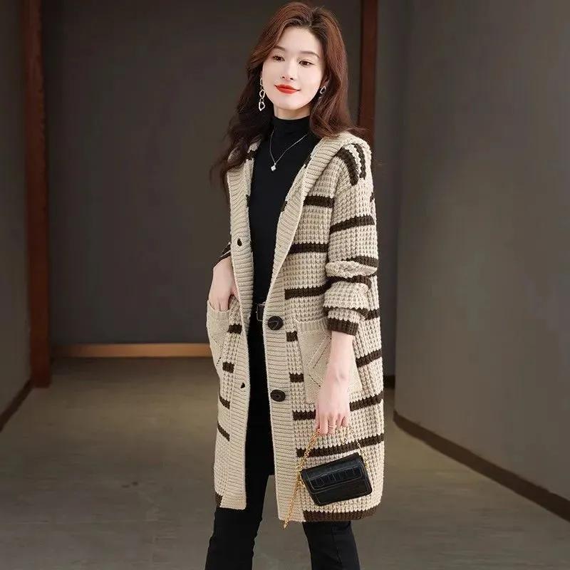 Осенне-зимняя утолщенная куртка-свитер средней длины с капюшоном, свободный полосатый вязаный кардиган большого размера