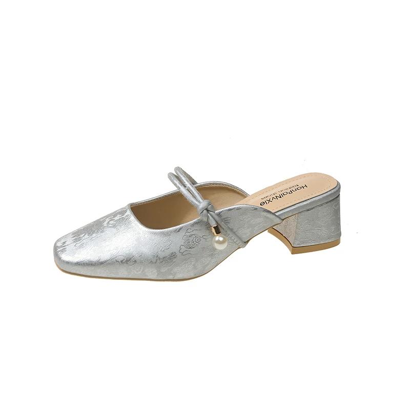 Baotou полутапочки женские летние уличные шлепанцы квадратный носок толстый каблук высокие каблуки сандалии тапочки-мюли жемчужный декор платье обувь