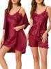 Cheibear Silk and Satin Pajama Lace Robe Medium Women's 4-Piece Set, Camisole, Nightgown, Set, Loungewear, Red,