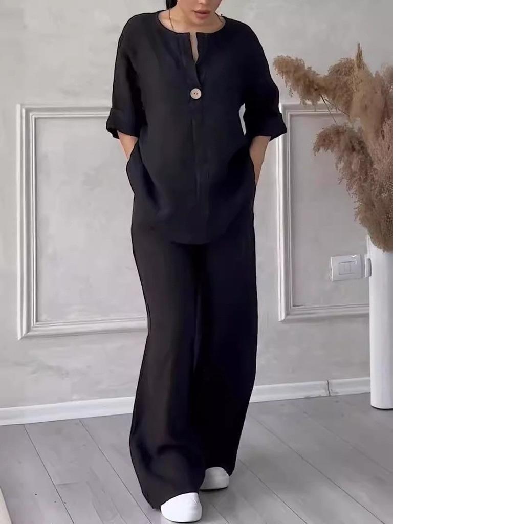 Cotton Linen Sets Two 2 Pieces Sale Casual Long Sleeve Button Loose Blouse Shirt&High Elastic Wide Leg Loose Pant Suits