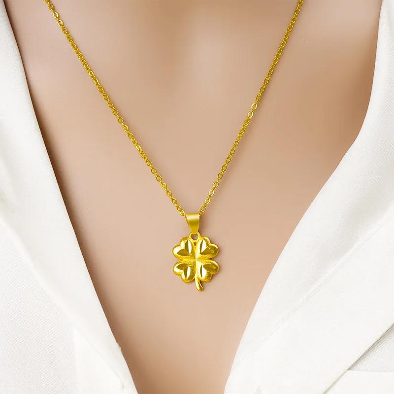 Real Gold Color Lucky Clover Pendant Necklace for Women Men Fine Jewelry Genuine Solid Gold for Women Wedding Luxury Jewelry