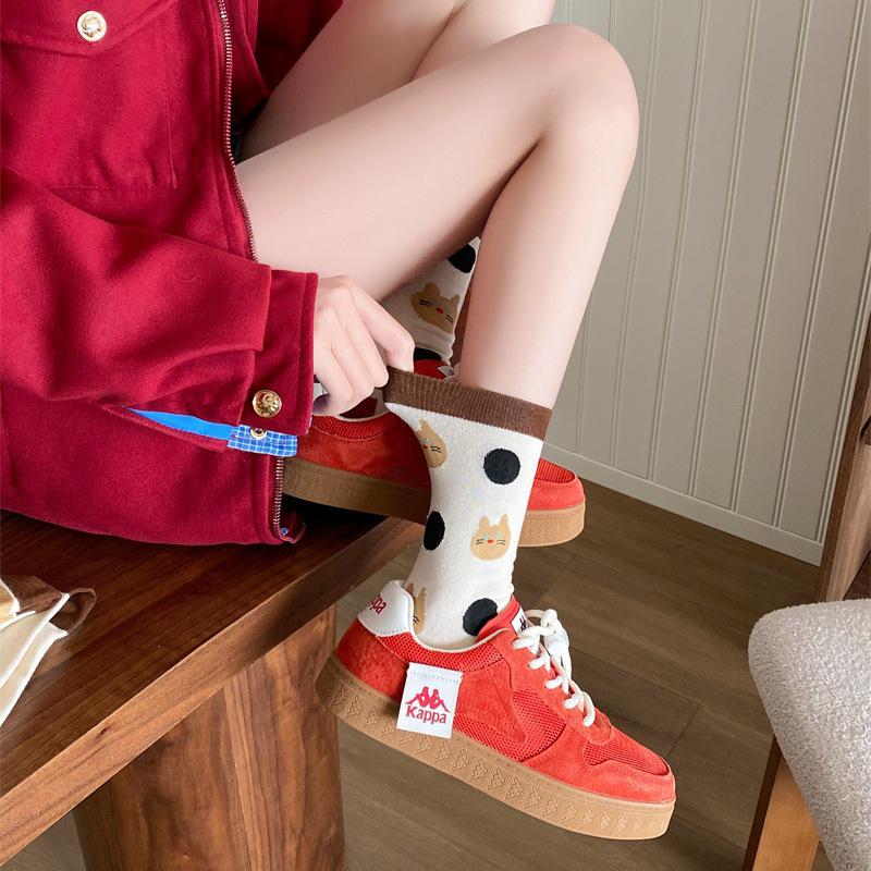 Spring 2025 Korean Polka Dot Kitten Women's Cotton Mid-Calf Socks - Sweet, Cute, and Breathable