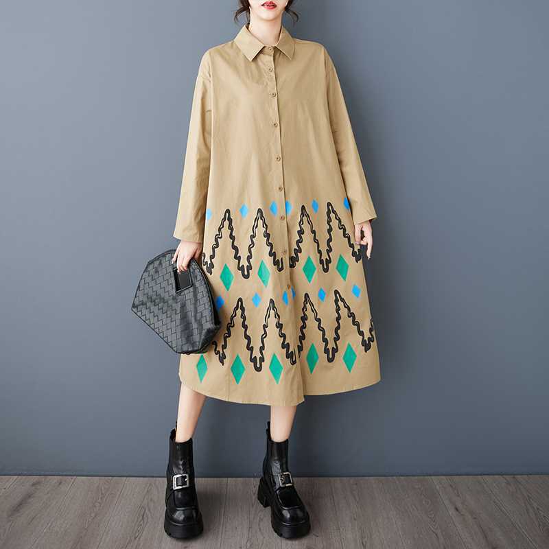 Свободные платья большого размера с принтом и сращиванием повседневные простые милые платья с длинным рукавом