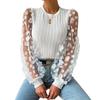 Women Shirt See-through Mesh Flower Applique Round Neck Long Sleeve Solid Color Pullovern Soft Patchwork Twist Texture OL Commut