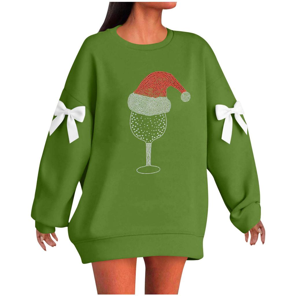Ladies' Christmas Printed Bow Round Neck Long Sleeved Loose Pullover Sweater Sweatshirt Top