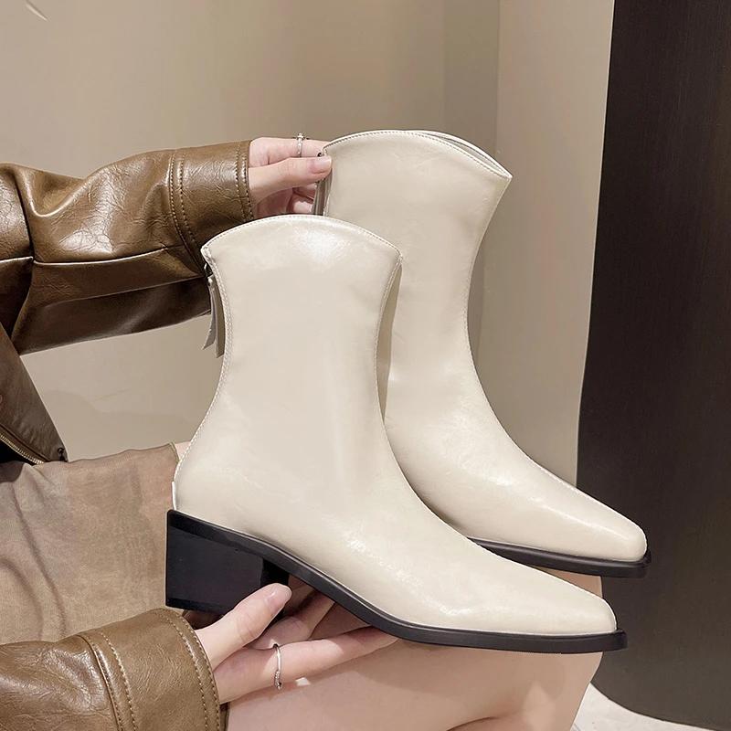 2024 Ботинки Naked женские зимние удобные и универсальные квадратный каблук однотонные молния декорированные модные ботинки женская обувь