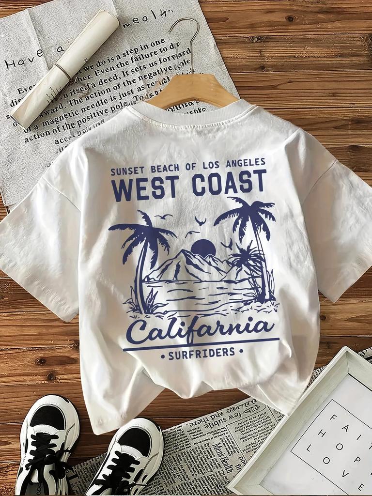 West Coast Graphic Print with Palm Trees T Shirt Short Sleeve Women Tshirt Clothes Women Retro Aesthetic T-Shirts