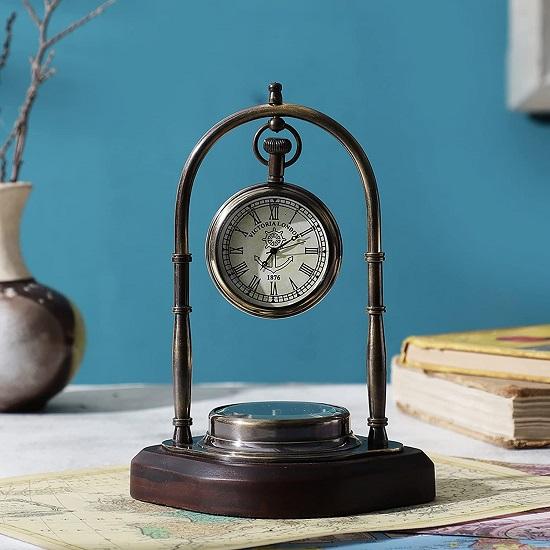 Antique Brass Nautical Vintage Style Table Clock with Wooden