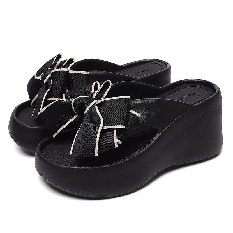 Мода Модные женские шлепанцы с бантом на танкетке на очень высоком каблуке с толстой подошвой из ЭВА, женские летние босоножки на толстой платформе с застежкой-молнией