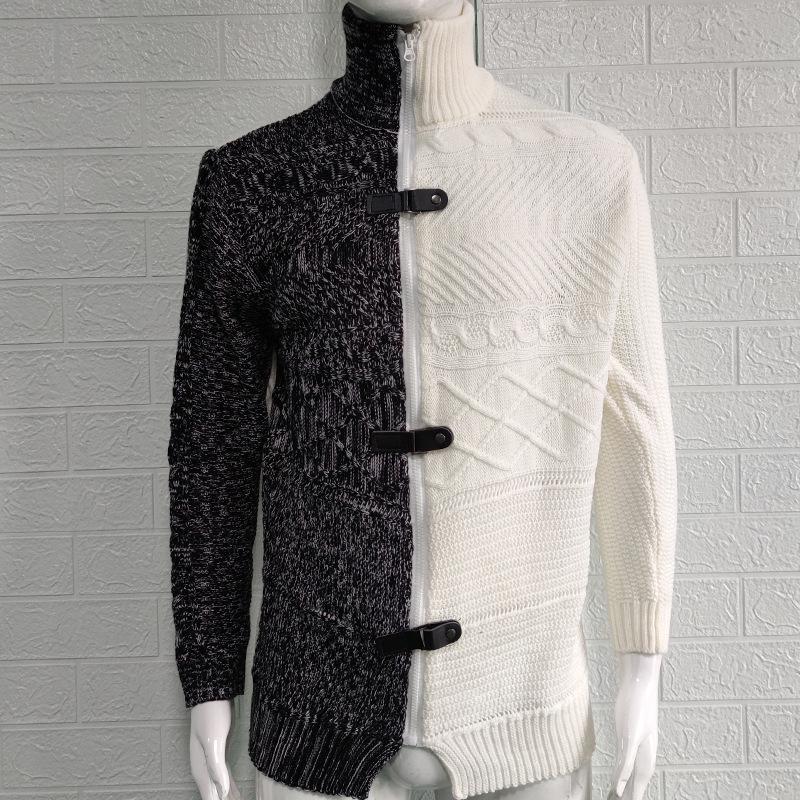 Men's Plus Size Color Block High Neck Cardigan with Leather Buckle - Long Sleeve Knit Sweater, Autumn/Winter Collection
