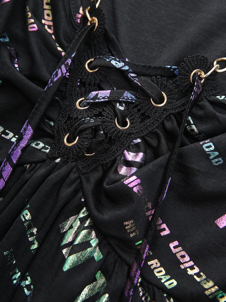 Rosegal Плюс Размер Омбре Блестящий Буквенный Принт Зашнуровать Цепочку Носовой Платок С Открытой Спиной Асимметричная Майка