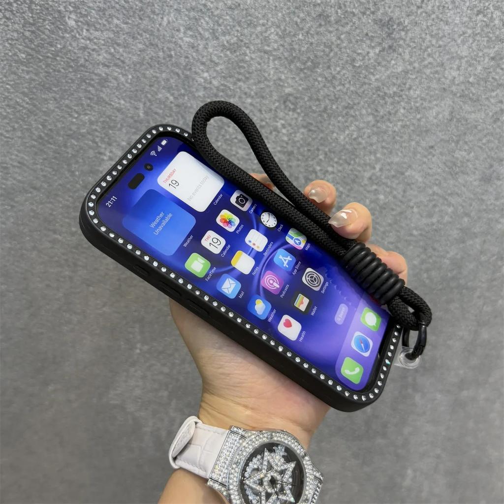 Прозрачный чехол для телефона со стразами и блестками для iPhone 16 16E 15 14 13 12 11 Pro Max 16Plus 16Pro С ремешком-шнурком