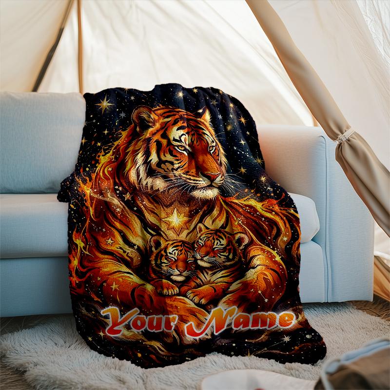 1PC Custom Name Tiger Family Flames flannel blanket versatile,all-season throw suitable for the living room,bedroom,camping,travel,and gift