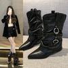 [All Girls' Shoe Cupboard] Autumn and Winter 2025 Pointed Pleated Pants Boots Double Buckle Thick-soled Versatile Boots
