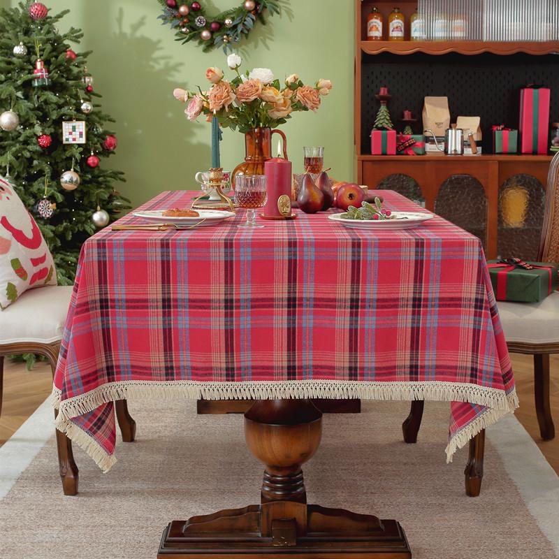 25 Custom-Dyed Polyester-Cotton Festive Christmas Red Grid Gold Silk Decorative Fringed Coffee Table Tablecloth Dining Table Cloth