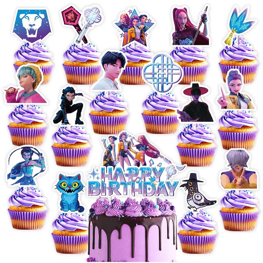 25pcs K-POP Demon Hunters Birthday Party Cake Decor Set Large & Small Toppers Wrappers and Picks for Kids Party Supplies