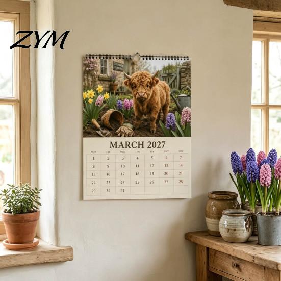Desktop Appointment Calendar 2027 Highland Cow Seasons Calendar, 12-Month Desk Planner with Cute Art, Stationery for Daily Tasks Thick Paper Organizer