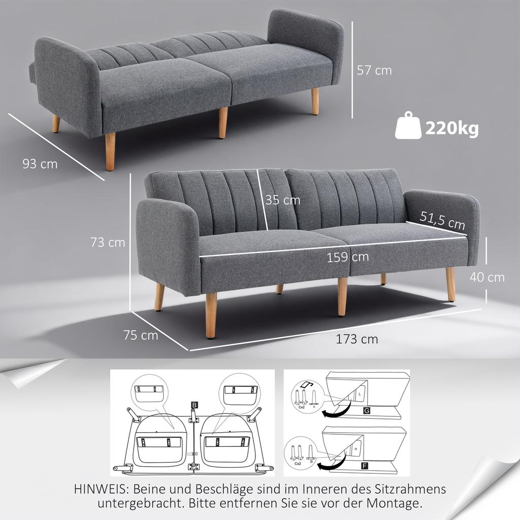 Sleeper Sofa, 2-Seater Fabric Sofa, Sofa with Sleep Function, Linen-Like Polyester, Rubberwood, 173 x 75 x 73 cm, Grey