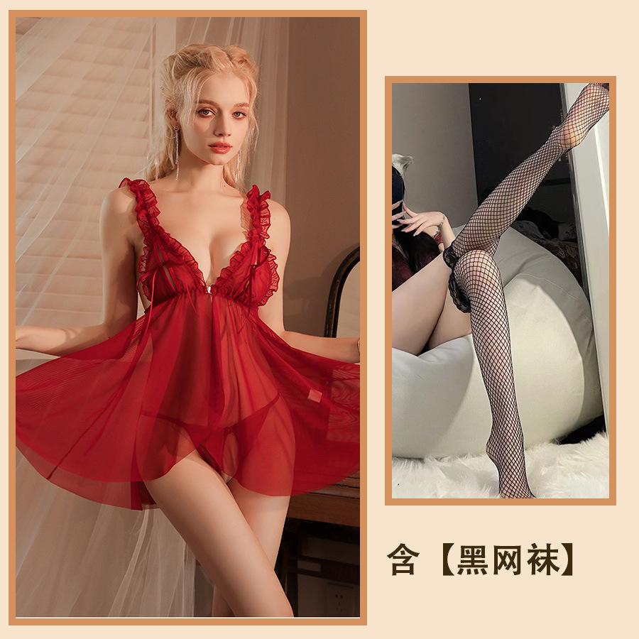 Сексуальное нижнее белье сексуальная пижама женская соблазнительная грудь разрезная сетка полые подтяжки перспектива ночная рубашка костюм женский