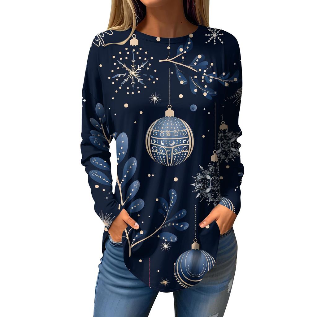 Женская свободная футболка с круглым вырезом и рождественским принтом, длинный рукав, пуловер, толстовка с длинными рукавами